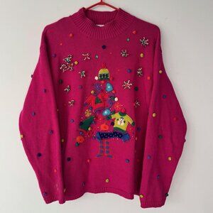 90s vintage pink festive holiday novelty embroidered ugly christmas knit sweater